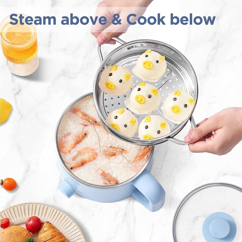 TopWit Hot Pot Electric with Steamer, 1.6L Ramen Cooker, Electric Pot for Pasta, Shabu-Shabu, Oatmeal, Soup and Egg, Portable Cooker with Dual Power Control, Dorm Room Essentials, Blue - Image 2